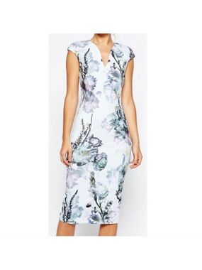 Ted Baker White Floral Midi Dress with Soft Pastel Blooms